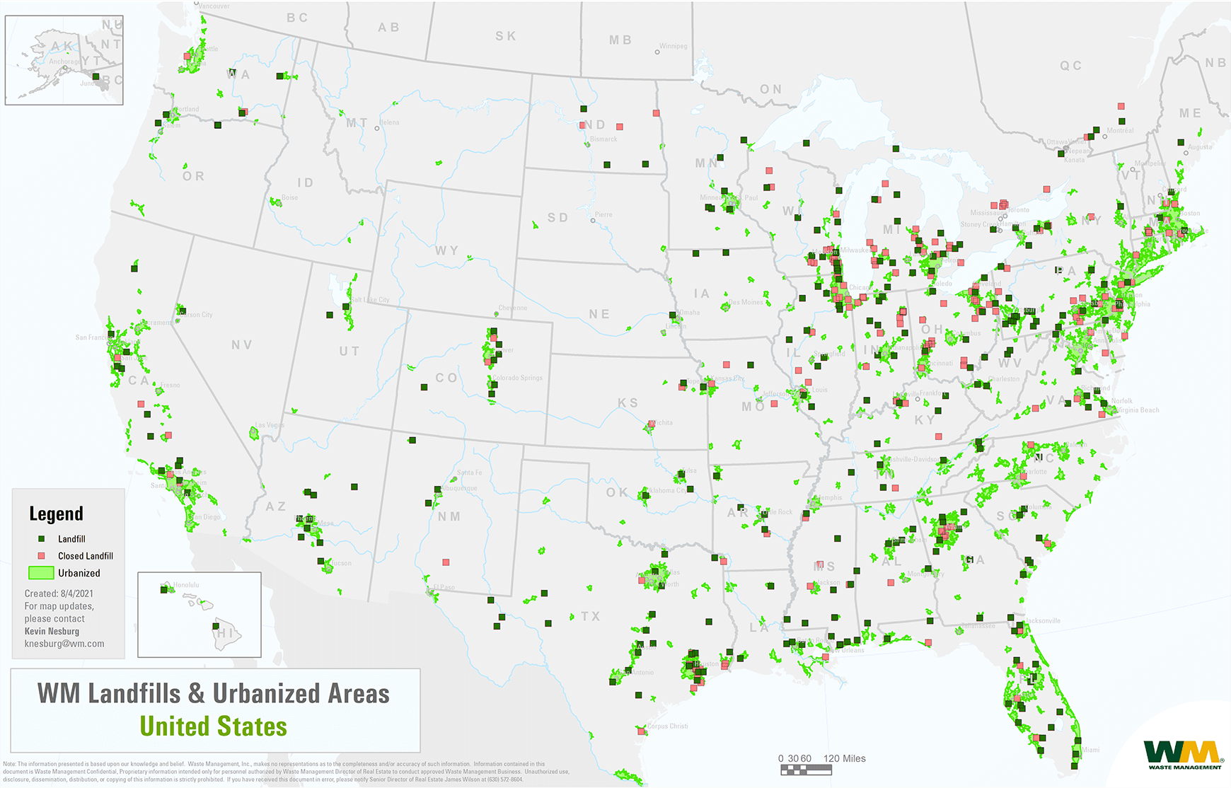 This map provides the locations of active and closed landfills that WM owns or operates and highlights urbanized areas.
